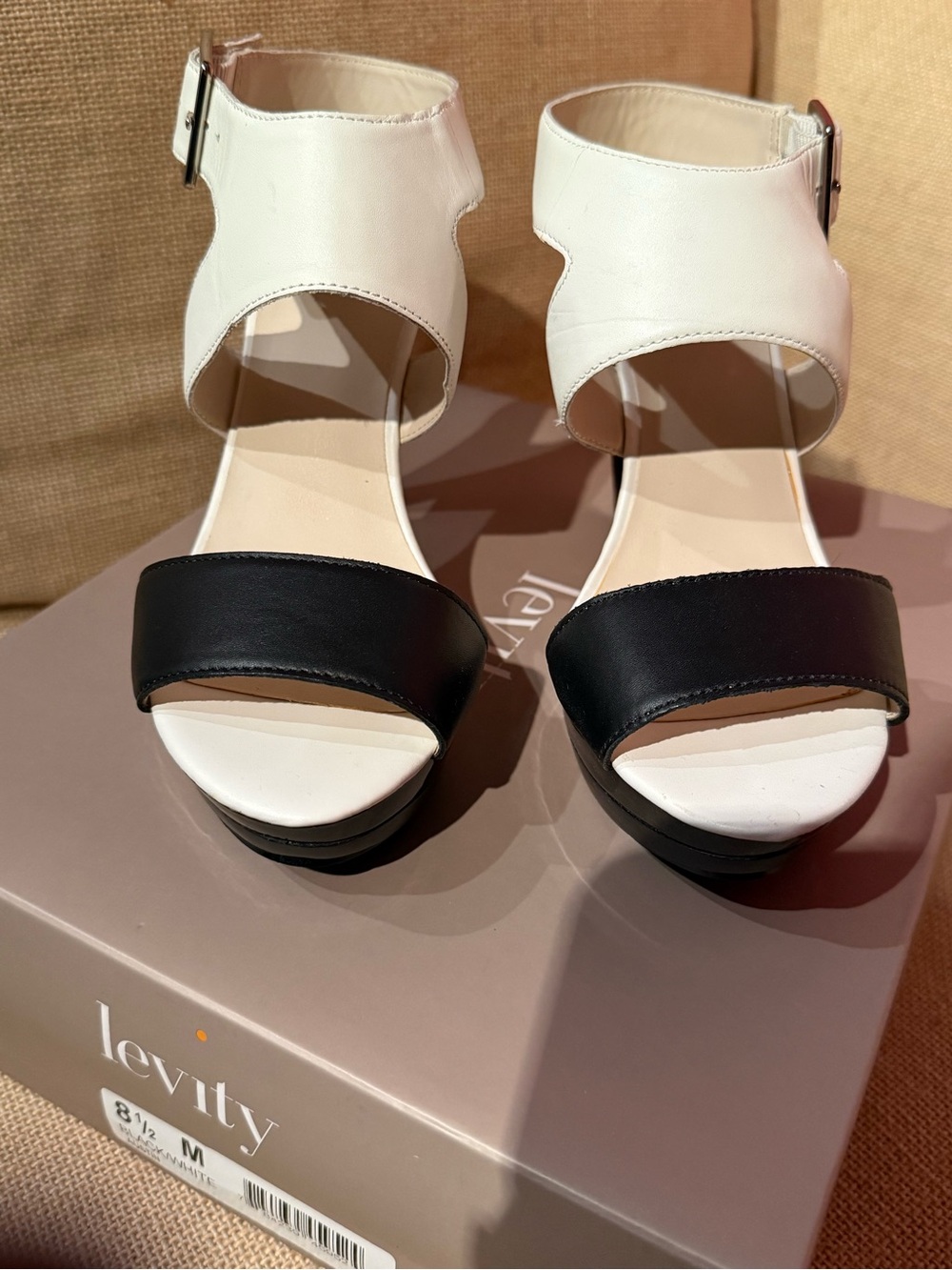 levity Black and White Ankle-Strap Platform Heels